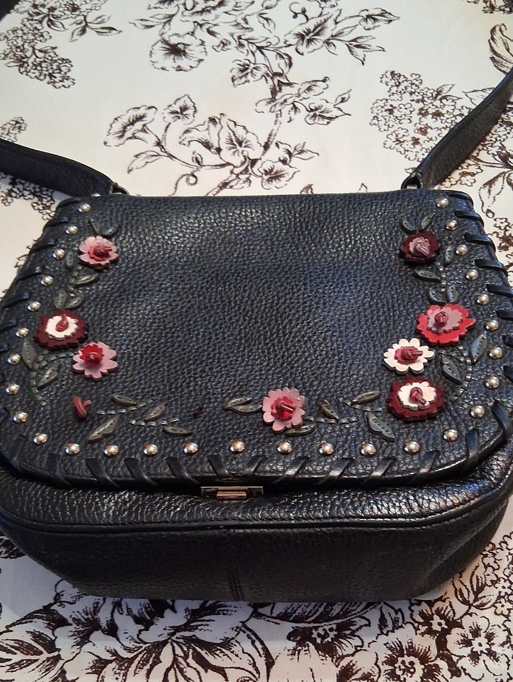 Kate Spade Vintage Black Crossbody with Pink Floral Appliqués 1" Thick Strap